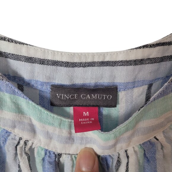 VINCE CAMUTO LINEN STRIPED RUFFLE STRAP DRESS SLEEVELESS MIDI AQUA ICE  Pockets - Picture 3 of 12